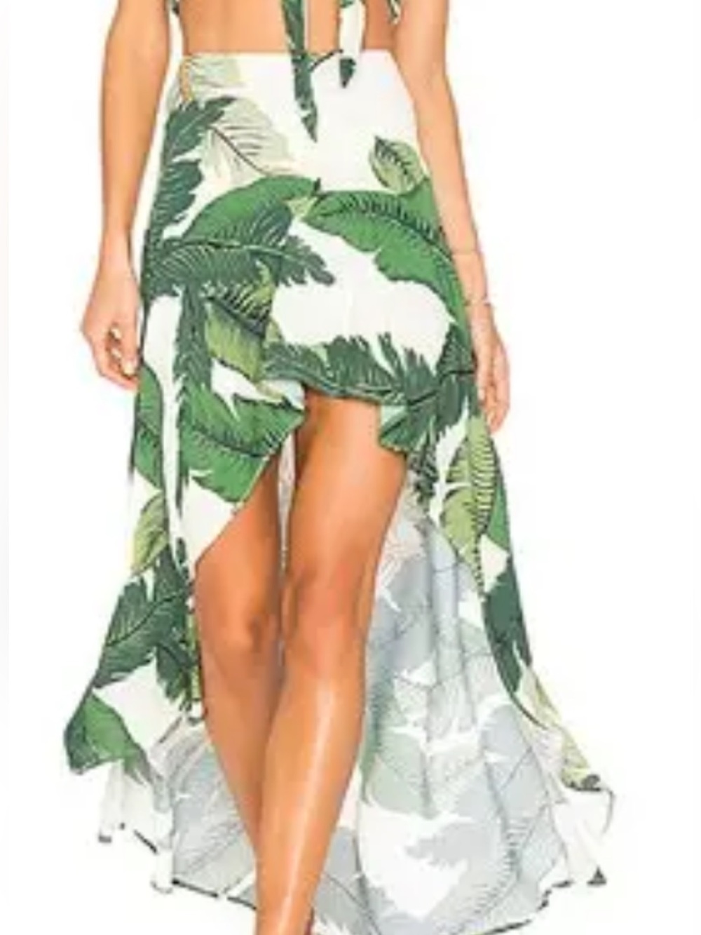 High-Low Tropical Leaf Maxi Skirt in Green beach riot os